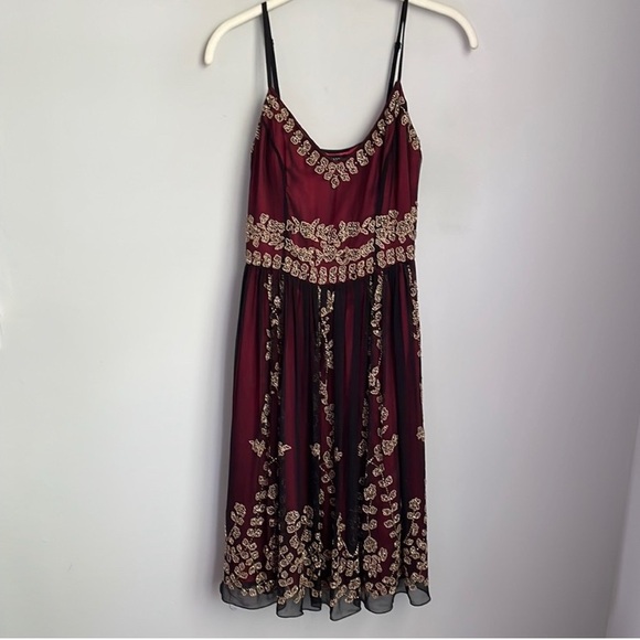 Adrianna Papell Burgundy, Black, & Gold Beaded Silk Cocktail Dress Size 4 - Picture 1 of 12